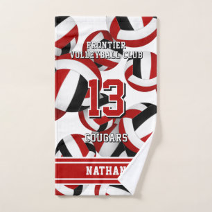 Custom name volleyball red black team colors hand towel