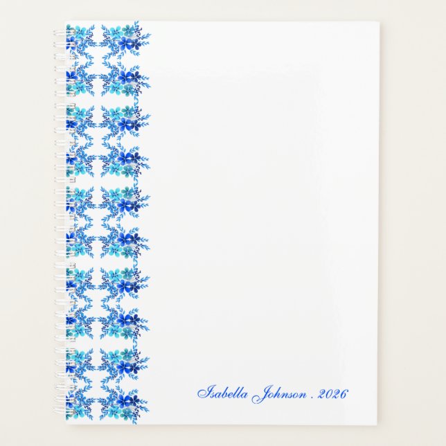 Custom Name Watercolor Blue Floral Planner (Front)