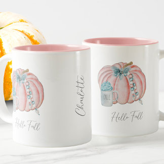 Custom Name Watercolor Blue Pink Pumpkin Autumn Two-Tone Coffee Mug