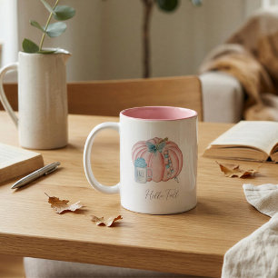 Custom Name Watercolor Blue Pink Pumpkin Autumn Two-Tone Coffee Mug