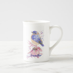 Custom Name Watercolor Bluebird Garden Bird Art Bone China Mug