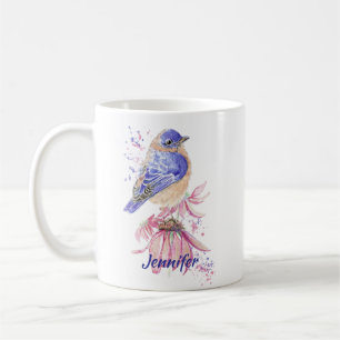Custom Name Watercolor Bluebird Garden Bird Art Coffee Mug