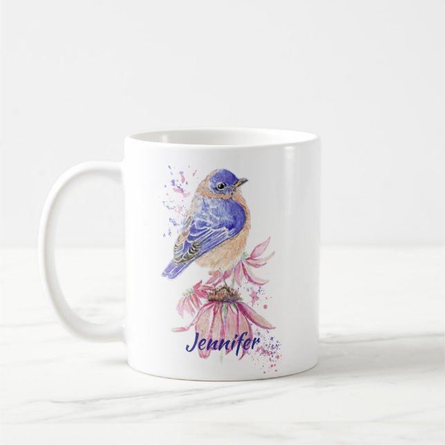Custom Name Watercolor Bluebird Garden Bird Art Coffee Mug (Left)