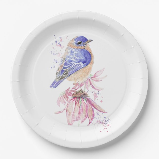 Custom Name Watercolor Bluebird Garden Bird Art Paper Plate (Front)