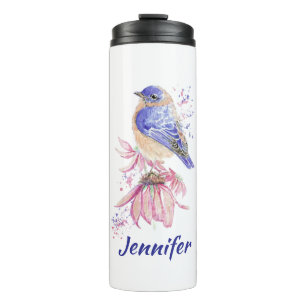 Custom Name Watercolor Bluebird Garden Bird Art Thermal Tumbler