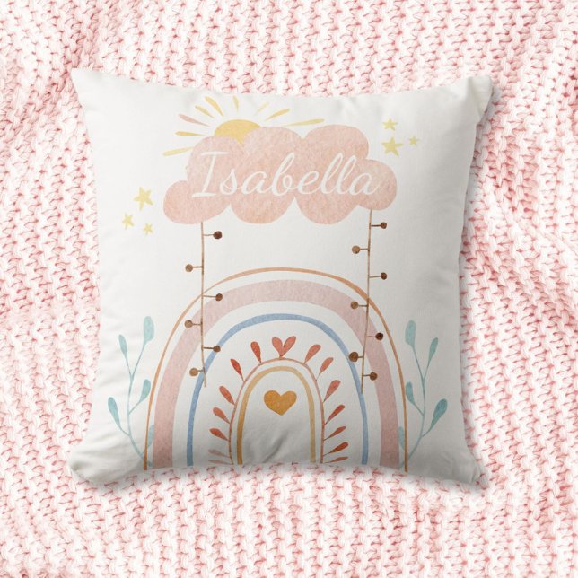 Custom Name Watercolor Boho Rainbow Kids Nursery Cushion (In situ)