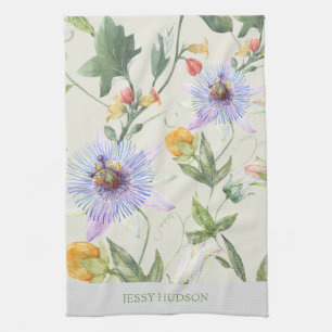 Custom Name Watercolor Botanical Floral Citrus  Tea Towel