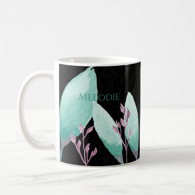 Custom Name Watercolor Botanical Teal Bible Verse Coffee Mug (Left)