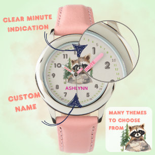 Custom Name Watercolor Brown Raccoon Kids Learning Watch