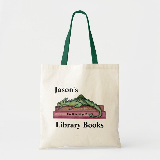 Custom Name Watercolor Dragon Library Book Bag (Front)