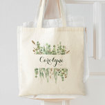 Custom Name Watercolor Eucalyptus Greenery Pretty Tote Bag<br><div class="desc">Lovely green hand painted watercolor eucalyptus greenery illustration with faux gold glitter accents. Easily personalise with your custom name or any text.</div>