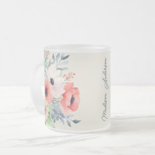 Custom Name Watercolor Floral Anemone Frosted Glass Coffee Mug