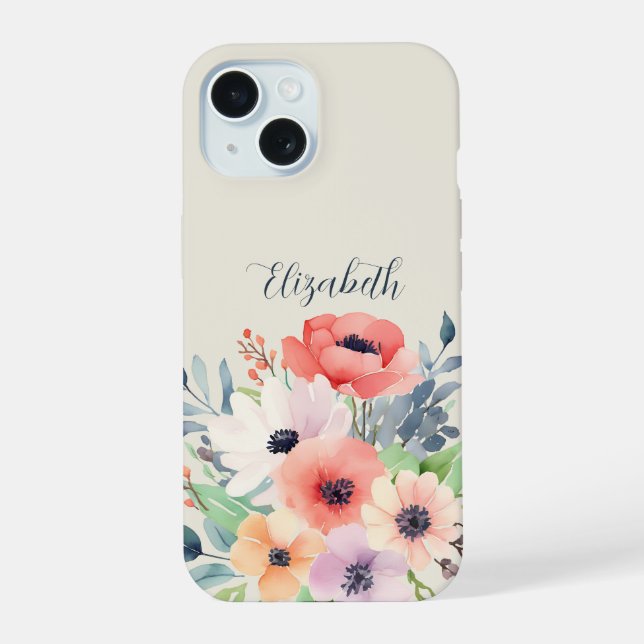 Custom Name Watercolor Floral Anemone iPhone 15 Case (Back)