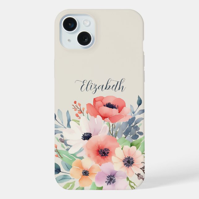 Custom Name Watercolor Floral Anemone iPhone Case (Back)