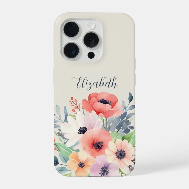 Custom Name Watercolor Floral Anemone iPhone Case (Back)
