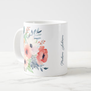 Custom Name Watercolor Floral Anemone Large Coffee Mug