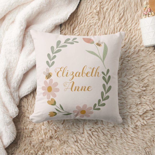 Custom Name Watercolor Floral Spring Nursery Cushion (Blanket)