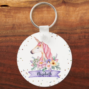 Custom Name Watercolor Flower Unicorn Girl Key Ring