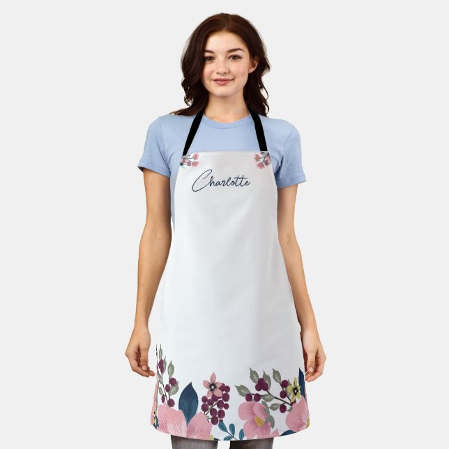 Custom name | Watercolor flowers Boho Stylish  Apron (Worn)