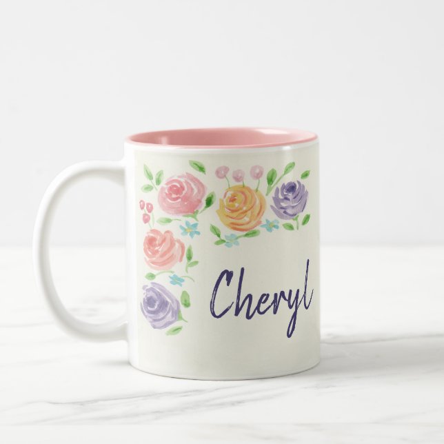Custom Name Watercolor Flowers Mug (Left)