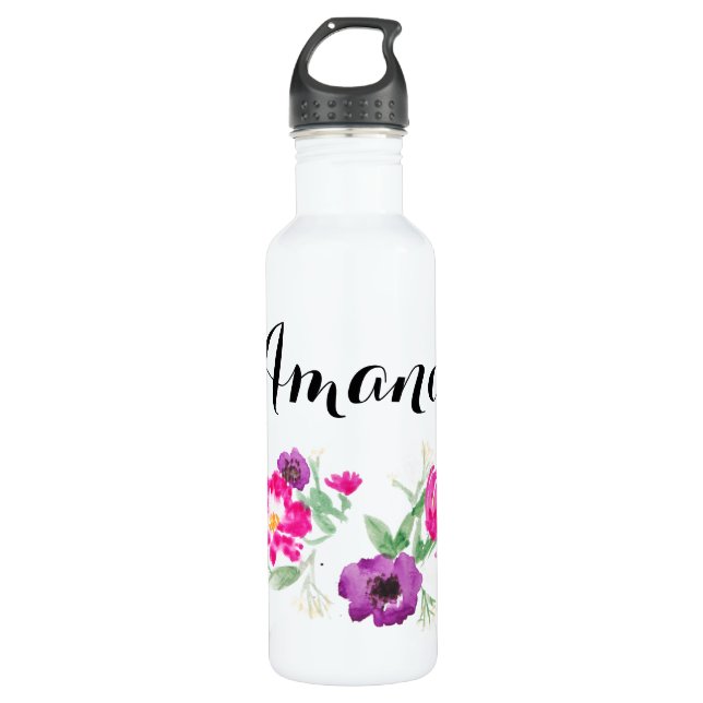 Custom Name Watercolor Flowers Water 710 Ml Water Bottle (Front)
