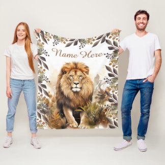 Custom Name Watercolor Lion Personalised Kid Fleece Blanket