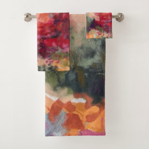 Custom Name Watercolor Nature Colorful Red Green Bath Towel Set