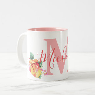 Custom Name Watercolor Paint Roses Floral Michelle Two-Tone Coffee Mug