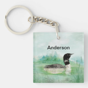 Custom Name Watercolor Painting Loon Bird Lake Art Key Ring