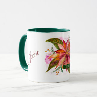 Custom Name Watercolor Peace Poinsettia with Year Mug