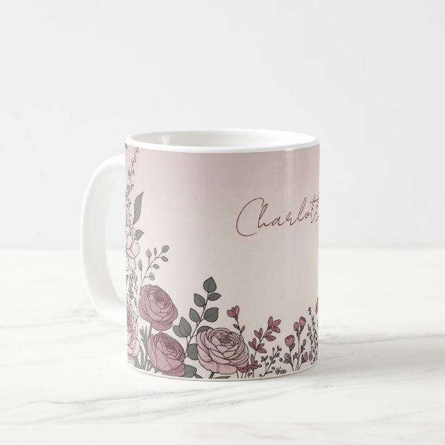 Custom Name Watercolor Peony Botanical Coffee Mug (Front Left)