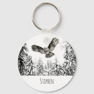 Custom Name Watercolor Striking Hunting Owl Bird Key Ring