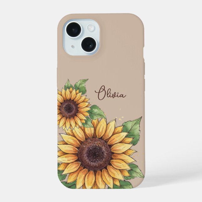 Custom Name Watercolor Sunflower Rustic iPhone 15 Case (Back)