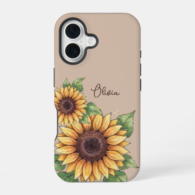 Custom Name Watercolor Sunflower Rustic iPhone 16 Case (Back)