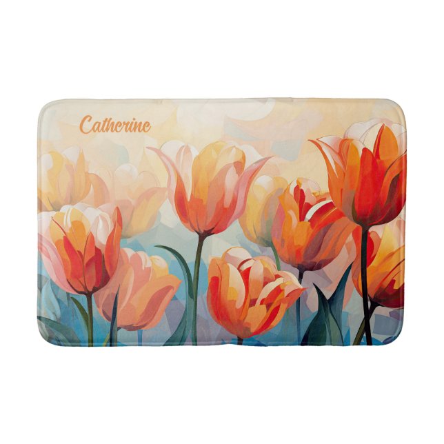 Custom Name Watercolor Tulips Bath Mat (Front)