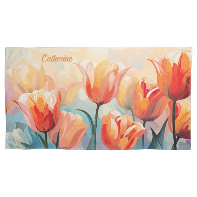 Custom Name Watercolor Tulips Pillowcase (Front)