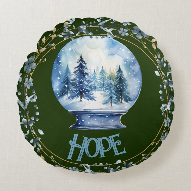 Custom Name Watercolor Winter Forest Snowglobe Round Cushion (Front)