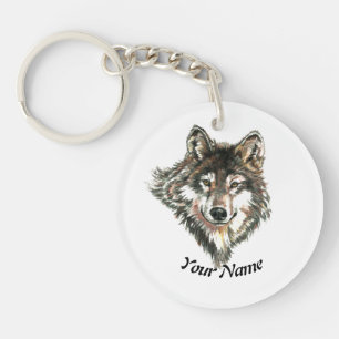 Custom Name Watercolor Wolf Animal Art Key Ring