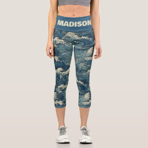 Custom Name Waves Pattern Capri Leggings