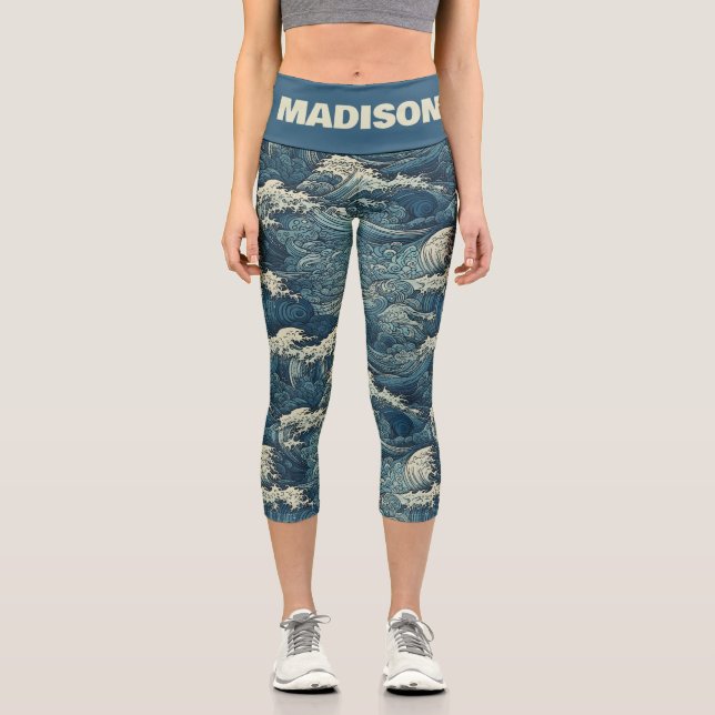 Custom Name Waves Pattern Capri Leggings (Front)