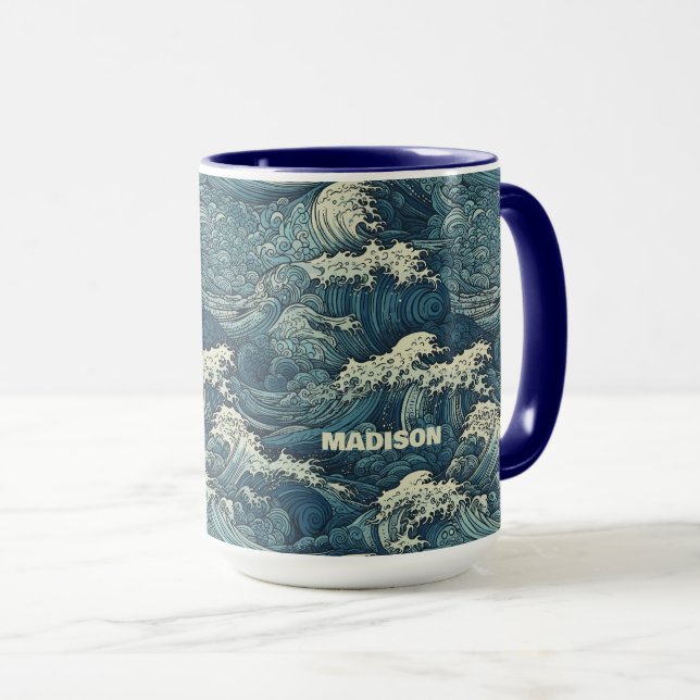 Custom Name Waves Pattern Mug (Front Right)