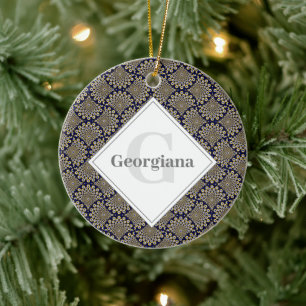 Custom Name We Are Watching You Navy & Gold Deco Ceramic Tree Decoration