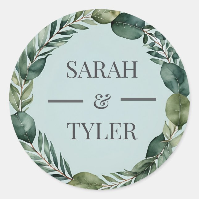 CUSTOM NAME WEDDING EUCALYPTUS WREATH Sticker (Front)
