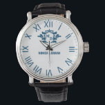 Custom Name Wedding Vintage Floral Monogram  Watch<br><div class="desc">Vintage Floral Monogram White Background Navy Letters Elevate your style with this Vintage Floral Monogram Watch, featuring elegant navy letters on a crisp white background. This timeless timepiece blends classic charm with modern sophistication, making it a perfect personalized gift for couples, weddings, anniversaries, and special occasions. Designed with delicate floral...</div>
