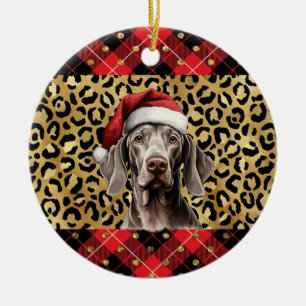 Custom Name Weimaraner dog Santa hat Buffalo Plaid Ceramic Tree Decoration