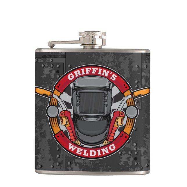 Custom NAME Welder Metal Fabricator Welding Shop Hip Flask (Front)