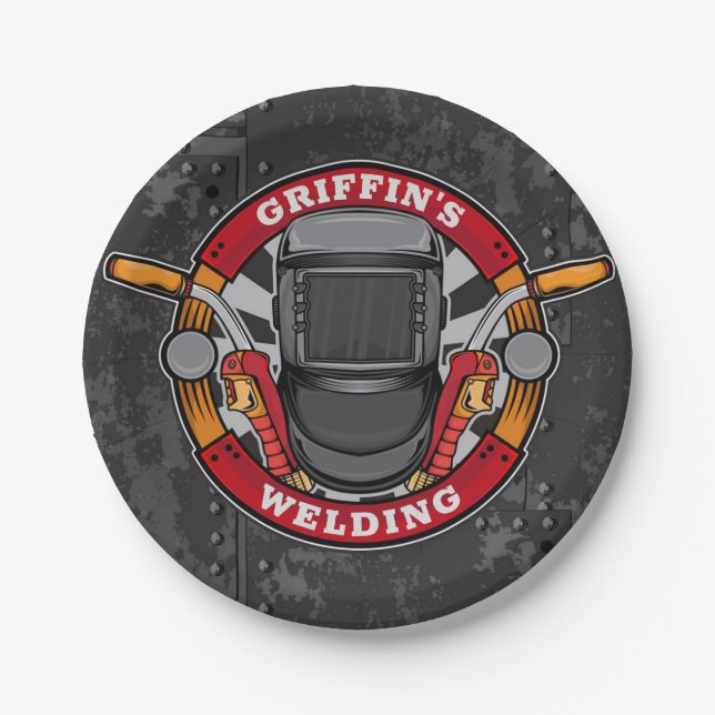 Custom NAME Welder Metal Fabricator Welding Shop Paper Plate (Front)