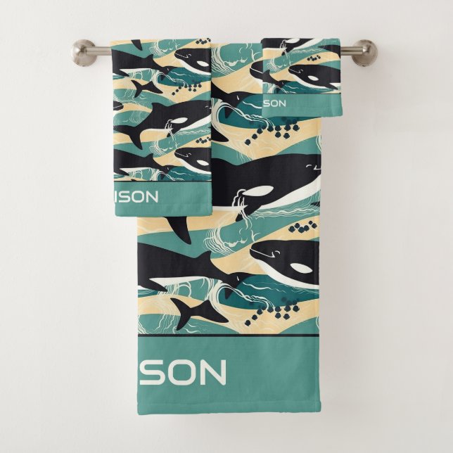 Custom Name Whales Pattern Bath Towel Set (Insitu)