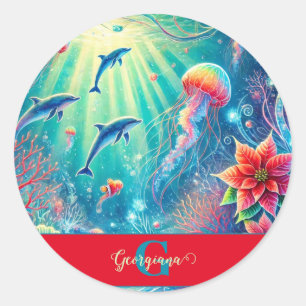 Custom Name Whimsical Floral Coral Reef Poinsettia Classic Round Sticker