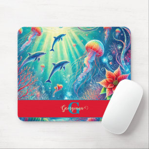 Custom Name Whimsical Floral Coral Reef Poinsettia Mouse Mat